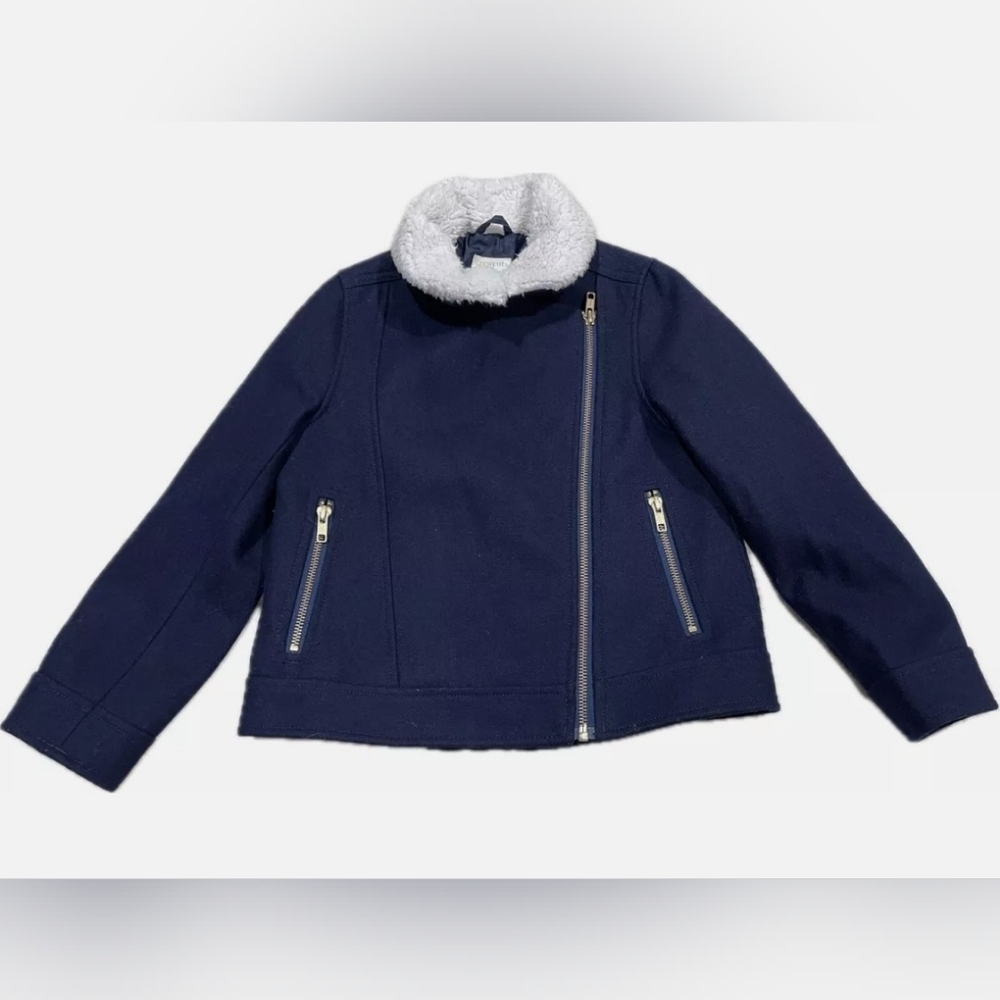 J.Crew Crewcuts Wool Blend Moto Jacket Navy Gold Hardware Sherpa Fur Collar 6-7 - Picture 5 of 16